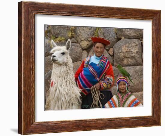 Woman with Llama, Boy, and Parrot, Sacsayhuaman Inca Ruins, Cusco, Peru-Dennis Kirkland-Framed Photographic Print