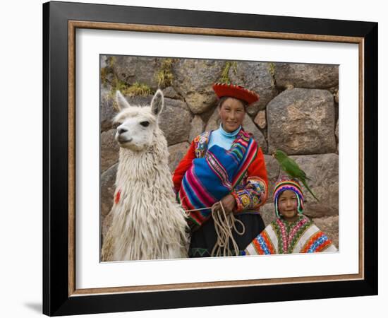 Woman with Llama, Boy, and Parrot, Sacsayhuaman Inca Ruins, Cusco, Peru-Dennis Kirkland-Framed Photographic Print