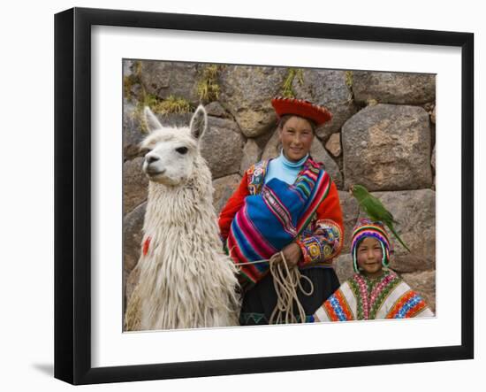 Woman with Llama, Boy, and Parrot, Sacsayhuaman Inca Ruins, Cusco, Peru-Dennis Kirkland-Framed Photographic Print