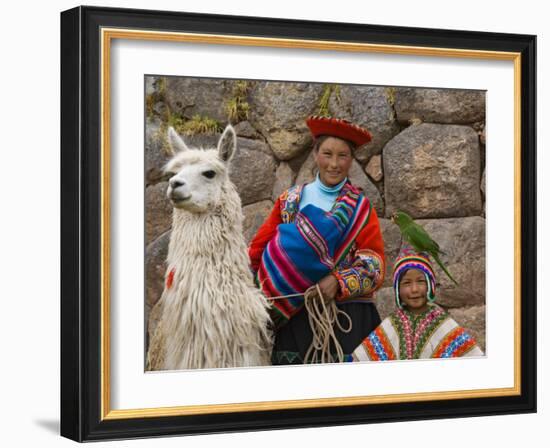 Woman with Llama, Boy, and Parrot, Sacsayhuaman Inca Ruins, Cusco, Peru-Dennis Kirkland-Framed Photographic Print