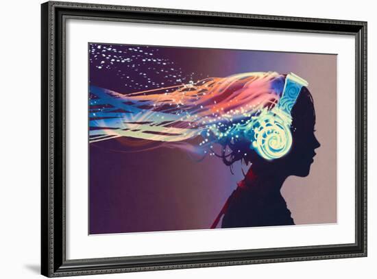 Woman with Magic Glowing Headphones on Dark Background,Illustration Painting-Tithi Luadthong-Framed Art Print