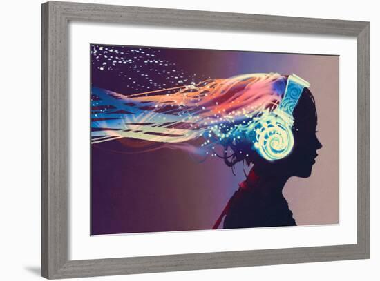 Woman with Magic Glowing Headphones on Dark Background,Illustration Painting-Tithi Luadthong-Framed Art Print