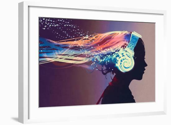 Woman with Magic Glowing Headphones on Dark Background,Illustration Painting-Tithi Luadthong-Framed Art Print