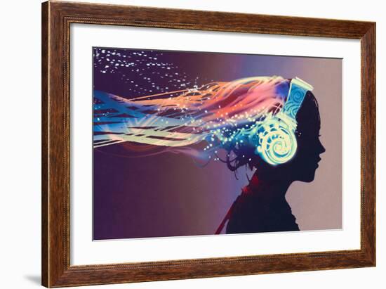 Woman with Magic Glowing Headphones on Dark Background,Illustration Painting-Tithi Luadthong-Framed Art Print