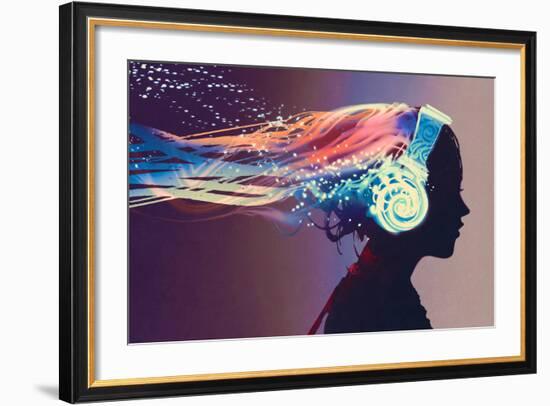 Woman with Magic Glowing Headphones on Dark Background,Illustration Painting-Tithi Luadthong-Framed Art Print