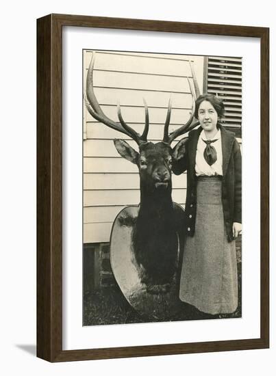 Woman with Mounted Deer Head-null-Framed Art Print