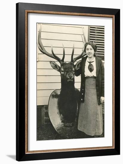 Woman with Mounted Deer Head-null-Framed Art Print