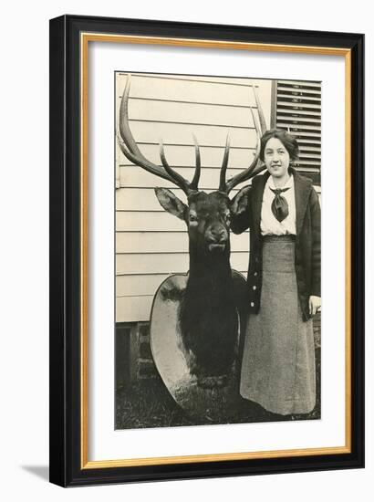 Woman with Mounted Deer Head-null-Framed Art Print