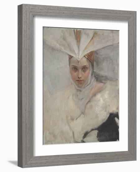 Woman with Osprey Headdress and White Fur Collar, 1897-Edwin Austin Abbey-Framed Giclee Print