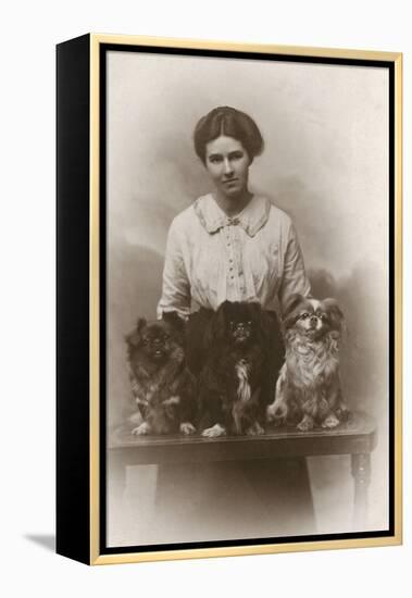 Woman with Pekingese Dogs-null-Framed Premier Image Canvas