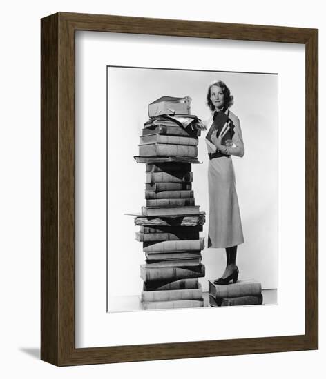 Woman With Pile Of Large Books-null-Framed Premium Giclee Print