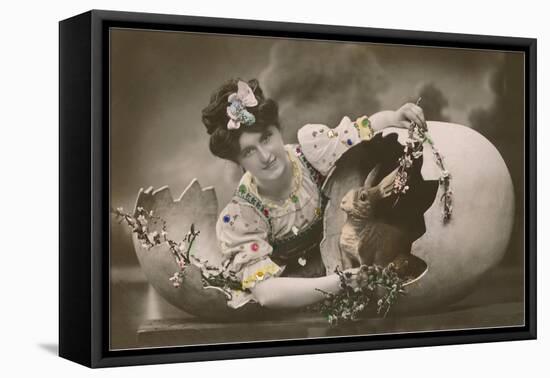 Woman with Rabbit in Eggshell-null-Framed Stretched Canvas