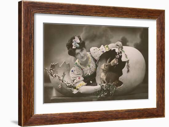 Woman with Rabbit in Eggshell-null-Framed Art Print