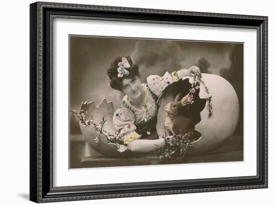 Woman with Rabbit in Eggshell-null-Framed Art Print