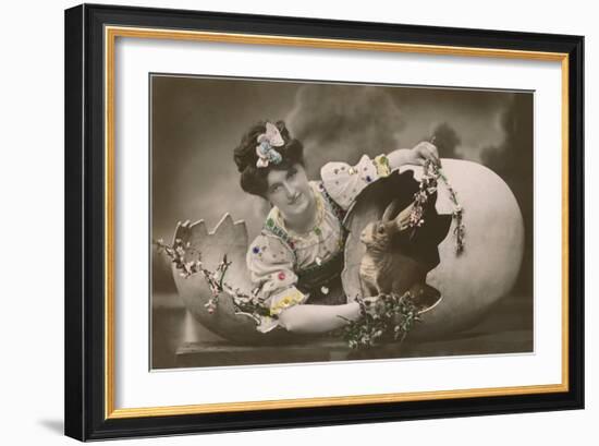 Woman with Rabbit in Eggshell-null-Framed Art Print