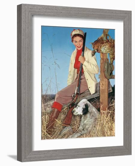 Woman with Rifle, Dog and Pheasant-null-Framed Art Print