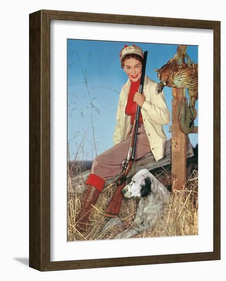 Woman with Rifle, Dog and Pheasant-null-Framed Art Print