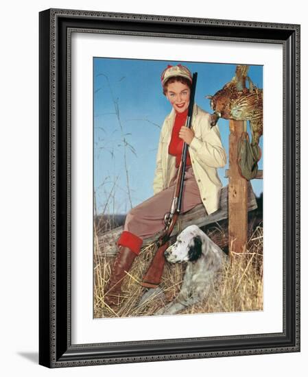 Woman with Rifle, Dog and Pheasant-null-Framed Art Print