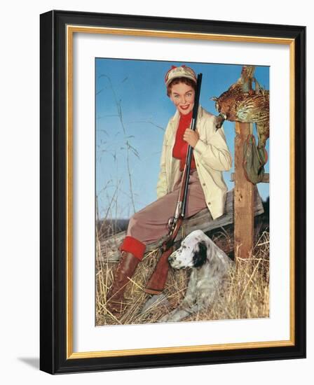 Woman with Rifle, Dog and Pheasant-null-Framed Art Print