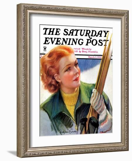 "Woman with Snow Skis," Saturday Evening Post Cover, March 2, 1935-Bradshaw Crandall-Framed Giclee Print