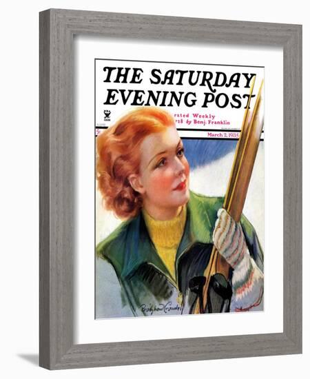 "Woman with Snow Skis," Saturday Evening Post Cover, March 2, 1935-Bradshaw Crandall-Framed Giclee Print