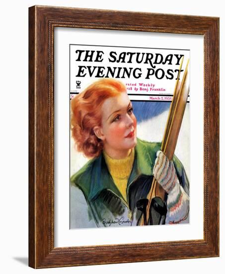 "Woman with Snow Skis," Saturday Evening Post Cover, March 2, 1935-Bradshaw Crandall-Framed Giclee Print