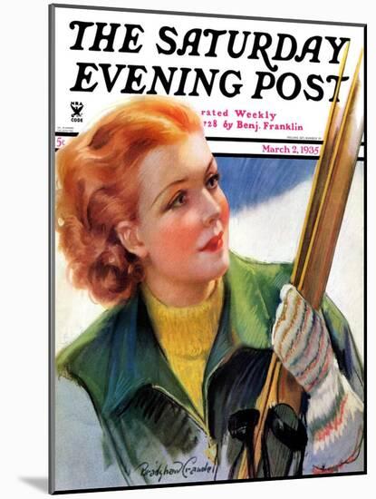 "Woman with Snow Skis," Saturday Evening Post Cover, March 2, 1935-Bradshaw Crandall-Mounted Giclee Print