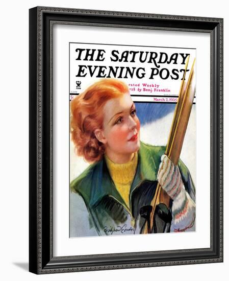 "Woman with Snow Skis," Saturday Evening Post Cover, March 2, 1935-Bradshaw Crandall-Framed Giclee Print