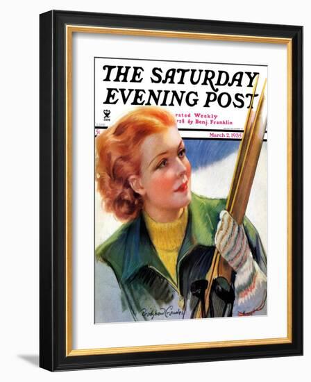 "Woman with Snow Skis," Saturday Evening Post Cover, March 2, 1935-Bradshaw Crandall-Framed Giclee Print