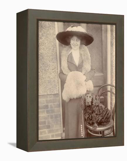 Woman with Spaniel Dog Outside a House-null-Framed Premier Image Canvas