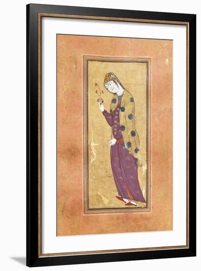 Woman with Sprig of Flowers, Arabic Miniature, Safavid Art, 16th Century-null-Framed Giclee Print