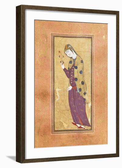 Woman with Sprig of Flowers, Arabic Miniature, Safavid Art, 16th Century-null-Framed Giclee Print