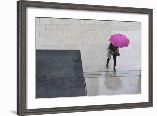 Woman with Umbrella and Mobile Phone Walking Up Steps to Auckland Art Gallery-Nick Servian-Framed Photographic Print