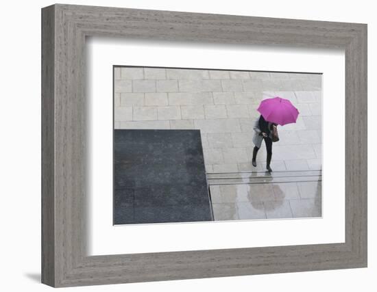 Woman with Umbrella and Mobile Phone Walking Up Steps to Auckland Art Gallery-Nick Servian-Framed Photographic Print