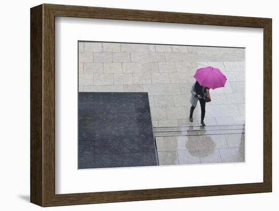 Woman with Umbrella and Mobile Phone Walking Up Steps to Auckland Art Gallery-Nick Servian-Framed Photographic Print
