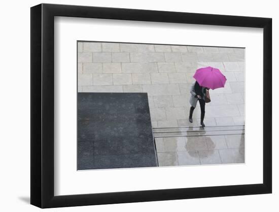 Woman with Umbrella and Mobile Phone Walking Up Steps to Auckland Art Gallery-Nick Servian-Framed Photographic Print