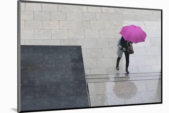 Woman with Umbrella and Mobile Phone Walking Up Steps to Auckland Art Gallery-Nick Servian-Mounted Photographic Print