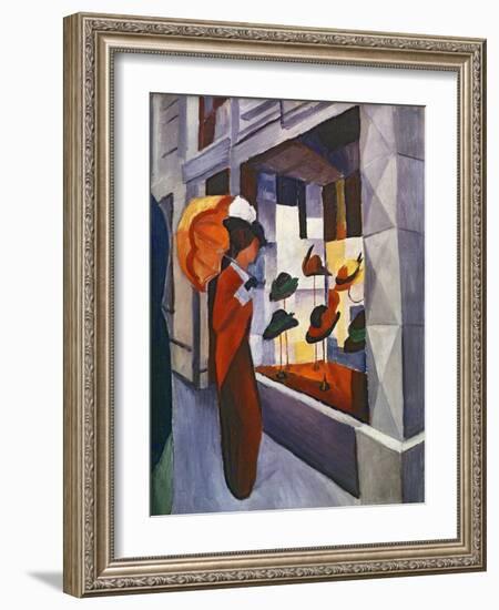 Woman with Umbrella in Front of a Hat Shop, 1914 (Oil on Canvas)-August Macke-Framed Giclee Print