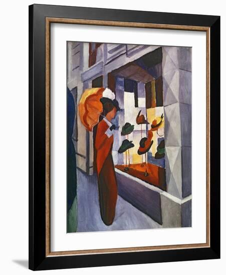 Woman with Umbrella in Front of a Hat Shop, 1914 (Oil on Canvas)-August Macke-Framed Giclee Print