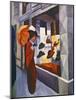 Woman with Umbrella in Front of a Hat Shop, 1914 (Oil on Canvas)-August Macke-Mounted Giclee Print
