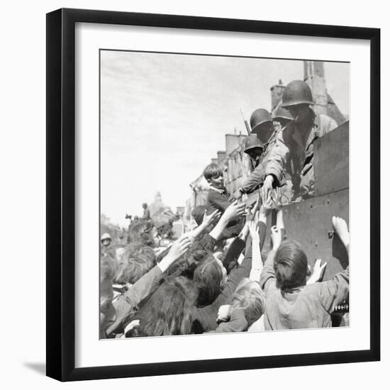 Women and Children Greeting Gis on a Half Track M3A1 Which Is Behind a M4 Sherman Tank-null-Framed Photographic Print