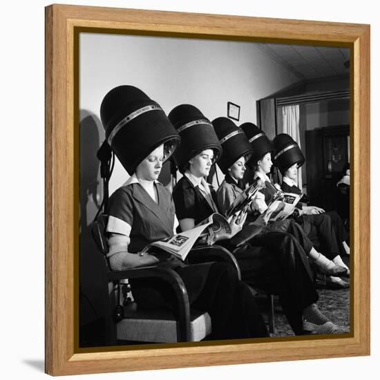 Women Aviation Workers under Hair Dryers in Beauty Salon, North American Aviation's Woodworth Plant-Charles E^ Steinheimer-Framed Premier Image Canvas