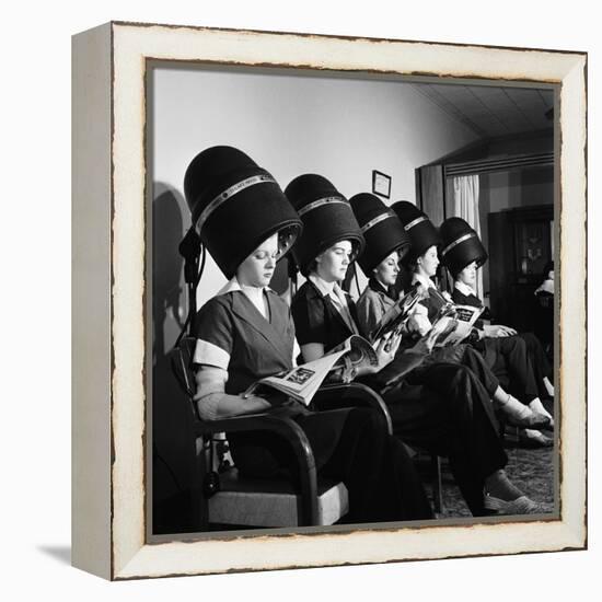 Women Aviation Workers under Hair Dryers in Beauty Salon, North American Aviation's Woodworth Plant-Charles E^ Steinheimer-Framed Premier Image Canvas