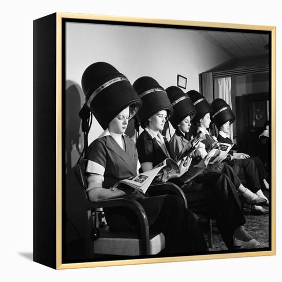 Women Aviation Workers under Hair Dryers in Beauty Salon, North American Aviation's Woodworth Plant-Charles E^ Steinheimer-Framed Premier Image Canvas