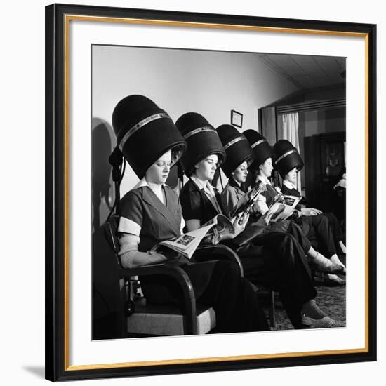 Women Aviation Workers under Hair Dryers in Beauty Salon, North American Aviation's Woodworth Plant-Charles E^ Steinheimer-Framed Premium Photographic Print