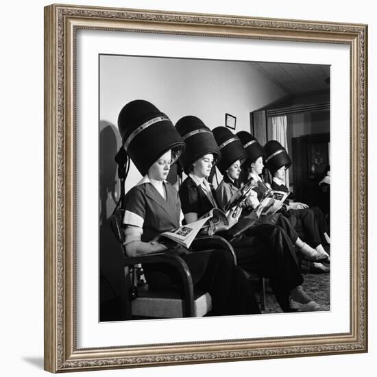 Women Aviation Workers under Hair Dryers in Beauty Salon, North American Aviation's Woodworth Plant-Charles E^ Steinheimer-Framed Photographic Print