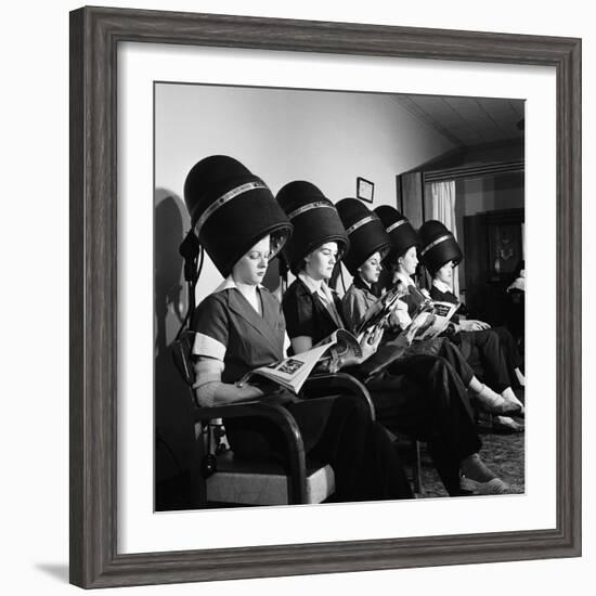Women Aviation Workers under Hair Dryers in Beauty Salon, North American Aviation's Woodworth Plant-Charles E^ Steinheimer-Framed Photographic Print