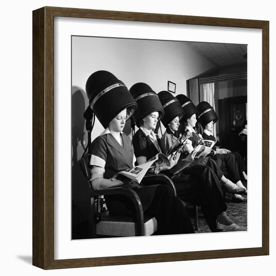 Women Aviation Workers under Hair Dryers in Beauty Salon, North American Aviation's Woodworth Plant-Charles E^ Steinheimer-Framed Photographic Print