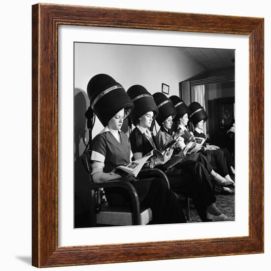 Women Aviation Workers under Hair Dryers in Beauty Salon, North American Aviation's Woodworth Plant-Charles E^ Steinheimer-Framed Photographic Print