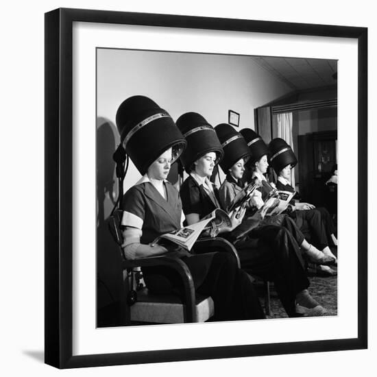 Women Aviation Workers under Hair Dryers in Beauty Salon, North American Aviation's Woodworth Plant-Charles E^ Steinheimer-Framed Photographic Print